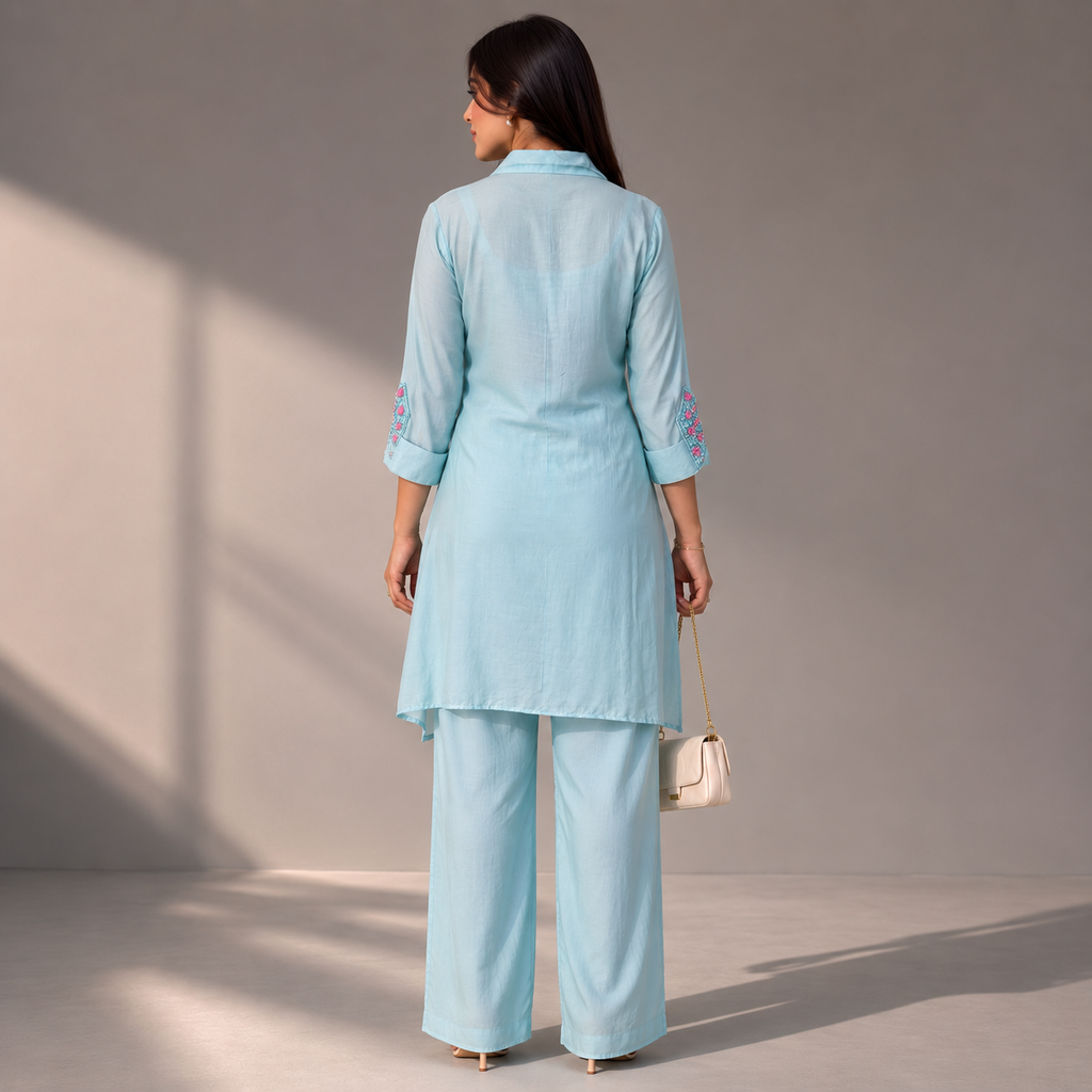 The Powder-Blue Floral-Pocket Coord Set