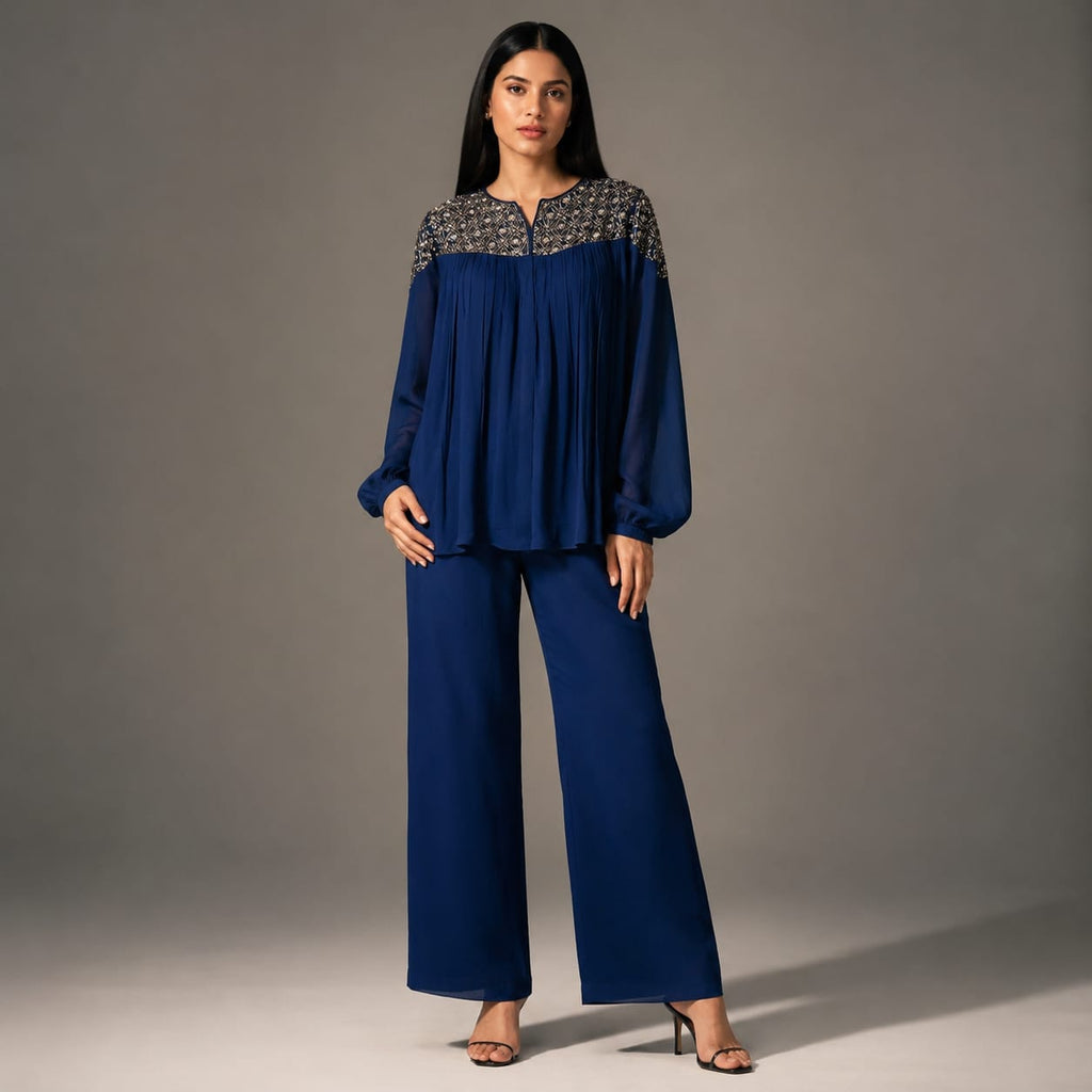 The Navy Embroidered-Yoke Coord Set