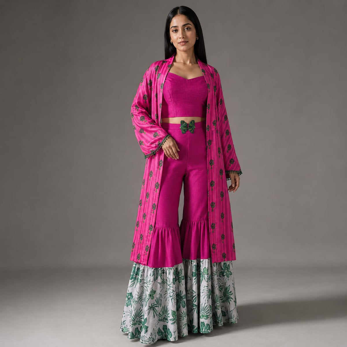 The Fuchsia Leaf-Print Sharara Coord Set