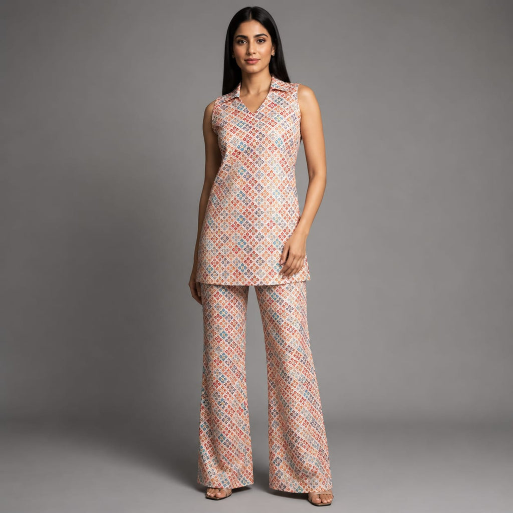 The Peach Geometric-Print Coord Set